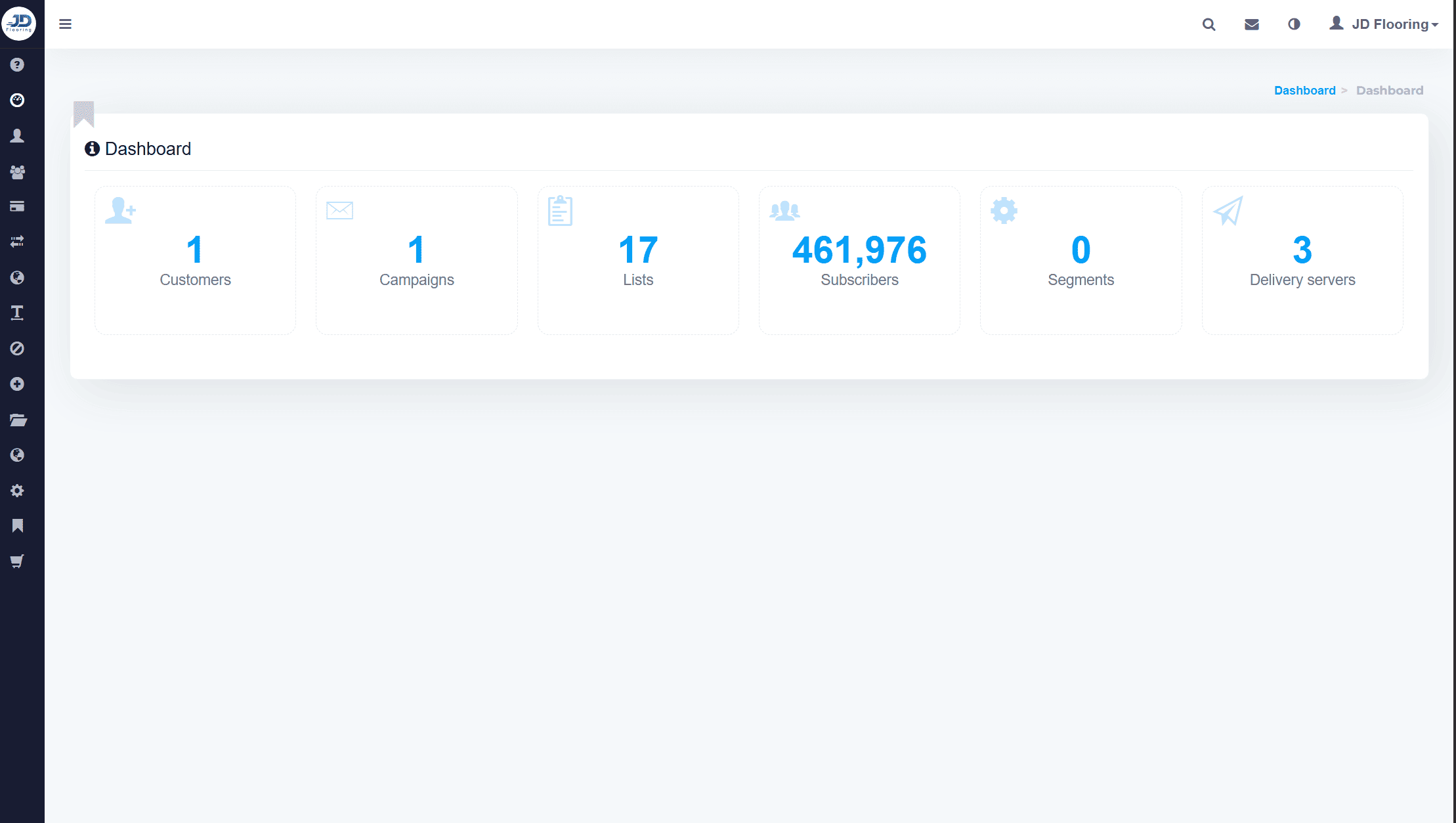 Email platform dashboard for JD Flooring showing 461,976 subscribers