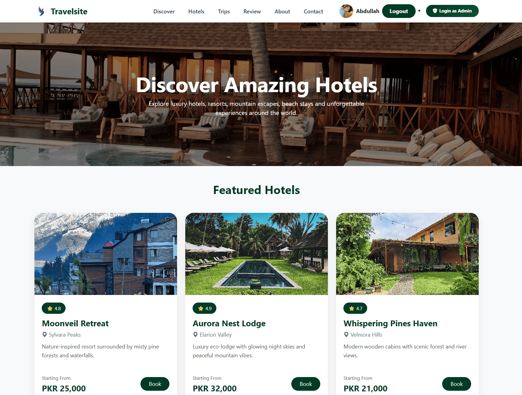 TravelSite hotel booking homepage with featured hotels